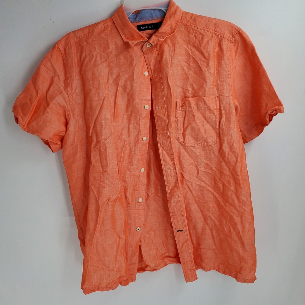 NAUTICA mens L orange ramie linen blend button front shirt